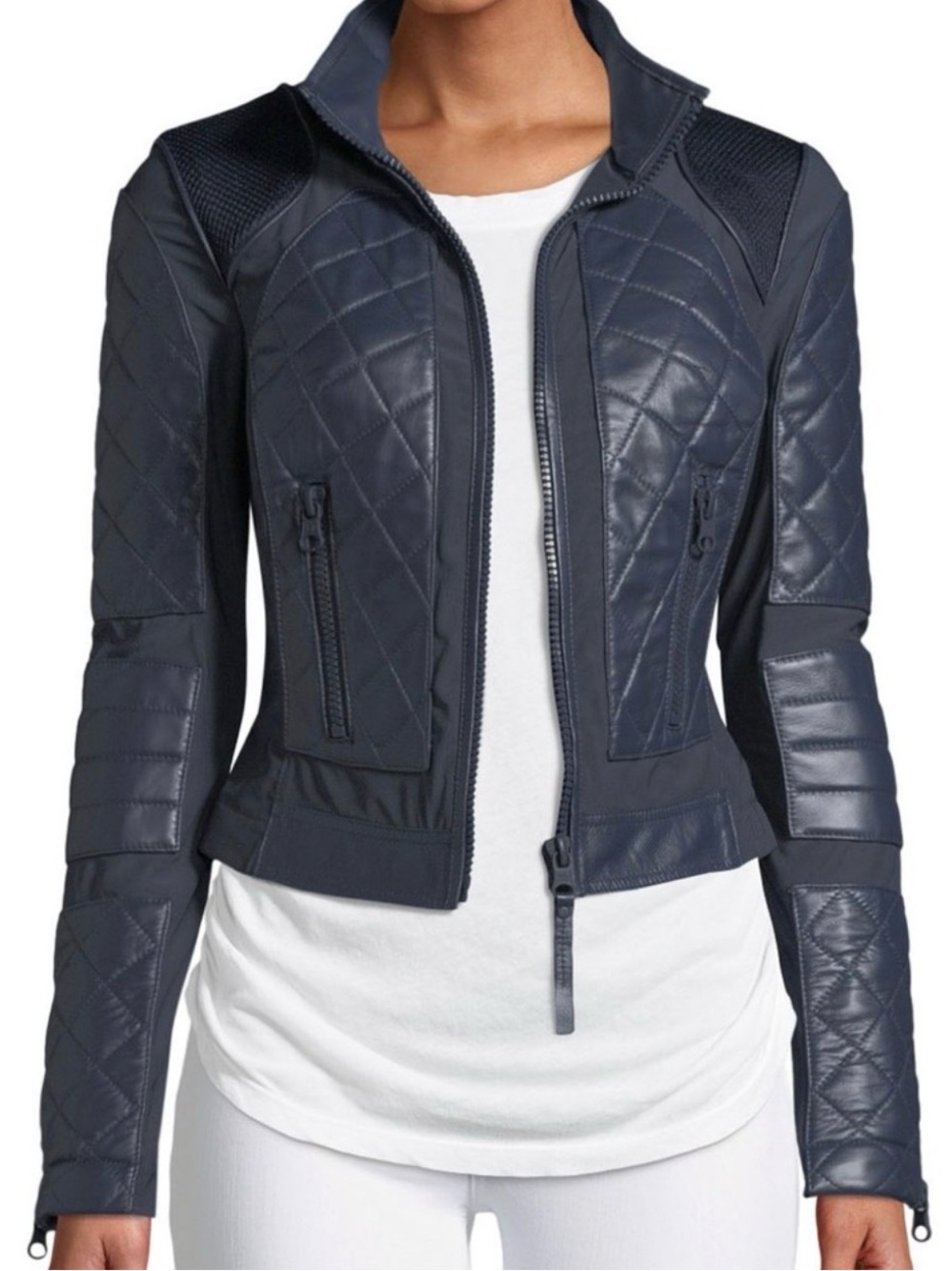 Blanc Noir Classic Quilted Genuine Leather Mesh Lace Up Back Moto Jacket